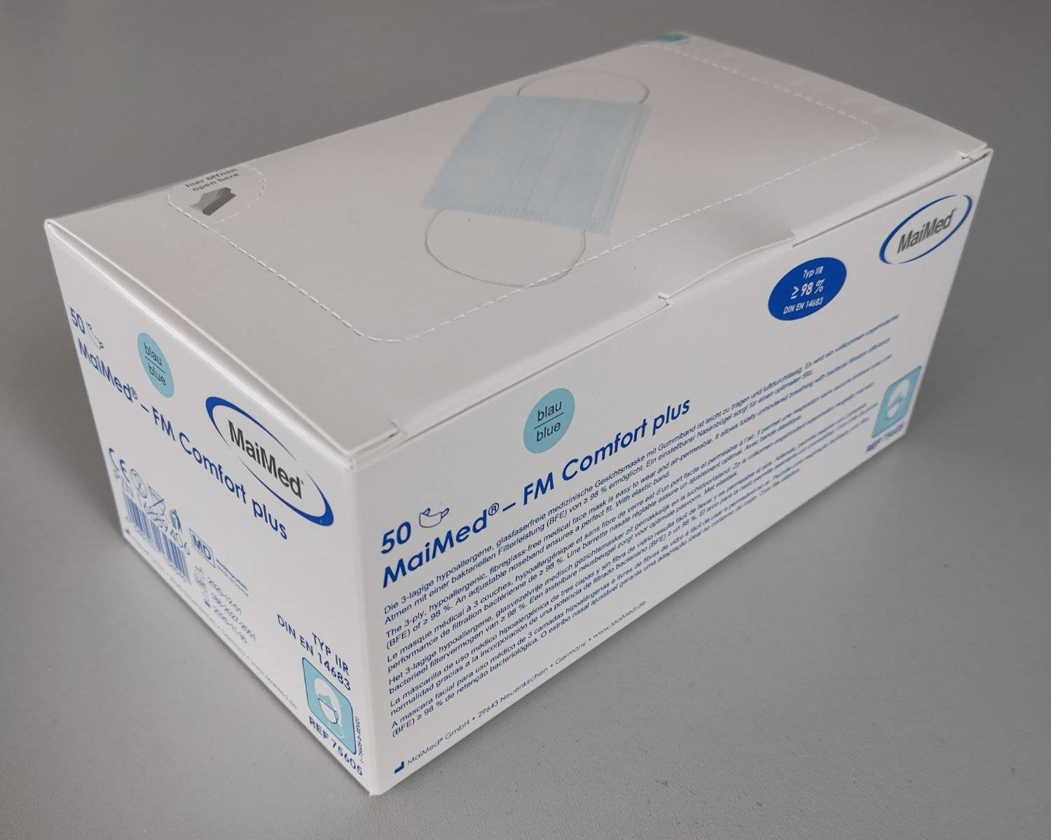 MAIMED- FM Comfort OP-Mundschutz, Maske 3-lagig medizinischer Mundschutz EN 14683 (Typ IIR) blau