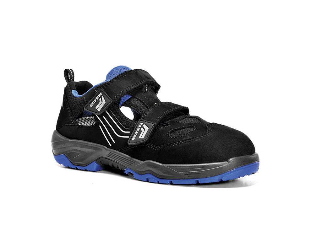 Ein schwarzer und blauer Turnschuh mit Klettverschlüssen, ausgestattet mit einer robusten Sohle für Halt und atmungsaktivem Mesh für Komfort.