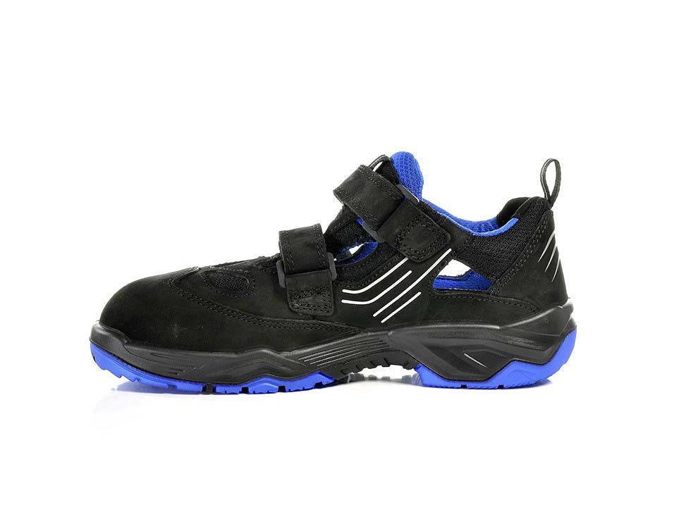 Schwarzer und blauer Sportschuh mit Klettverschlüssen und einer robusten Sohle, entwickelt für Langlebigkeit und Komfort.