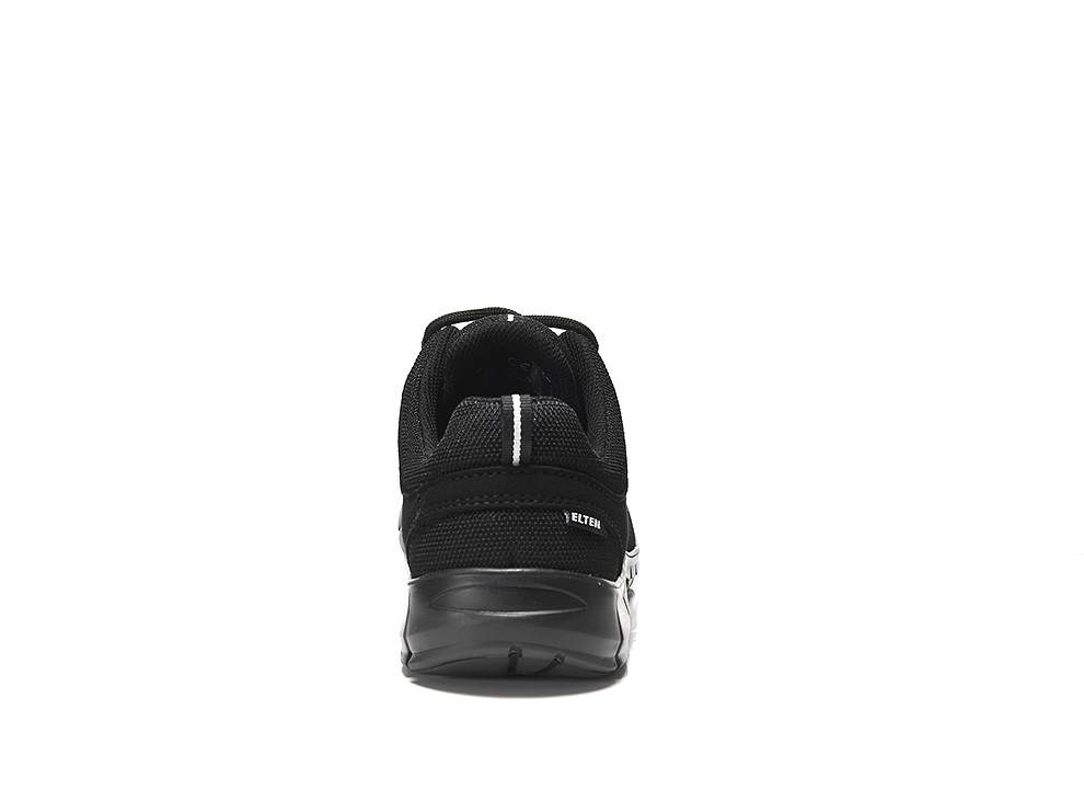 Ein schwarzer Sportschuh, von hinten betrachtet, mit elegantem Design und sichtbarem Logo auf der Ferse.