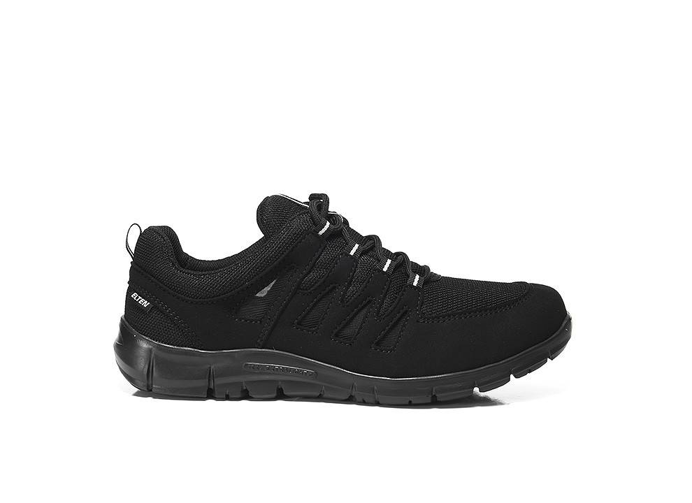 Schwarzer Sportschuh mit Meshobermaterial, dicker Sohle und Schnürsenkeln, in Seitenansicht gezeigt.
