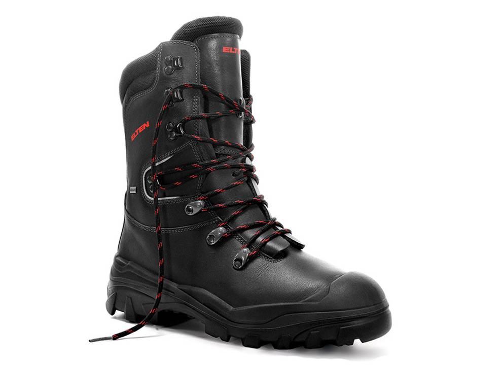 Ein schwarzer Wanderschuh mit rot akzentuierten Schnürsenkeln, ausgestattet mit einer robusten Sohle und hoher Knöchelunterstützung, entwickelt für Outdoor-Aktivitäten und raues Gelände.