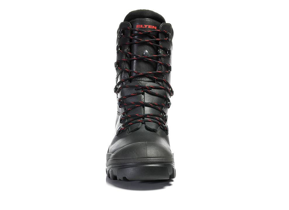 Ein schwarzer Stiefel mit roter Naht an den Schnürsenkeln, versehen mit einer robusten Sohle und der Marke 'Elten' auf der Zunge, von vorne betrachtet.