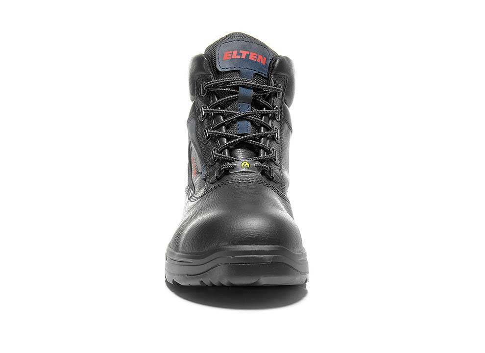 Ein schwarzer Sicherheitsstiefel mit verstärkter Zehenkappe und Knöchelstütze, ausgestattet mit Schnürsenkeln und einem Markenetikett auf der Zunge.