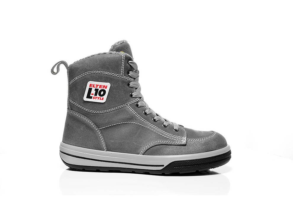 Ein einzelner grauer Hochschaft-Turnschuh mit einem seitlichen Logo 'Elten L10 Style' auf weißem Hintergrund.