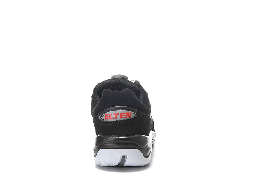 Ein schwarzer Sneaker, von hinten betrachtet, mit weißer Sohle und dem Markennamen 'ELTEN' in Rot auf der Fersenlasche.
