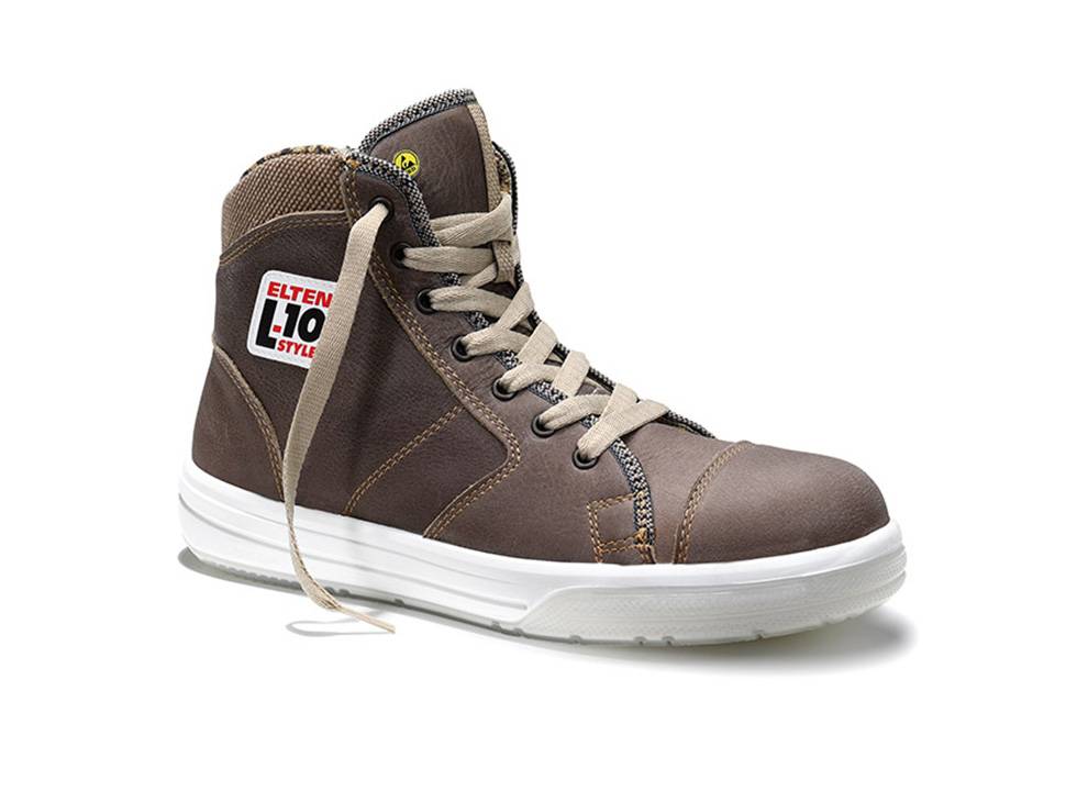 Ein brauner High-Top-Sneaker mit beigen Schnürsenkeln und einem Etikett mit der Aufschrift 'Elten L-10 Style' an der Seite, konzipiert für lässige Alltagskleidung.
