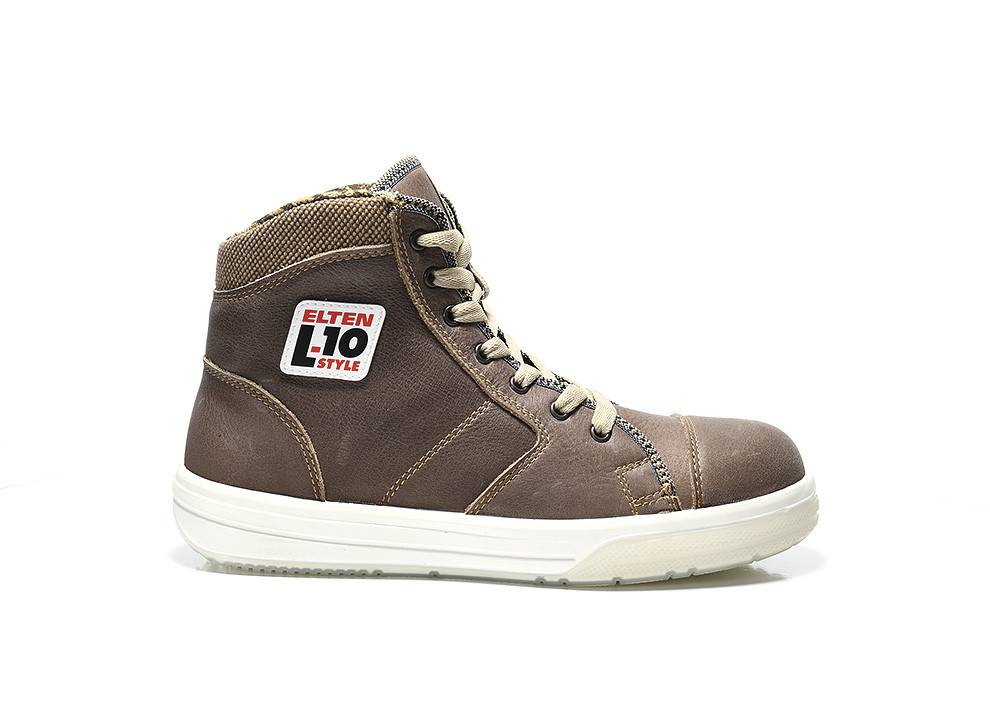 Ein einzelner brauner Hochschaft-Turnschuh mit Schnürsenkeln, ausgestattet mit einer weißen Sohle und einer Markenetikette 'ELTEN L10 STYLE' an der Seite.