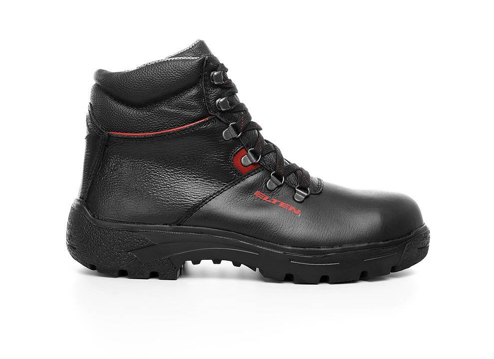 Ein schwarzer Lederschuhwerk mit roter Naht und der Aufschrift 'Polzen' an der Seite, entwickelt für Haltbarkeit und schwere Einsätze.