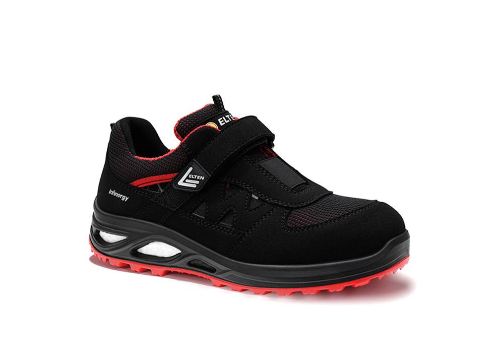 Ein schwarzer und roter Sneaker mit Klettverschluss, ausgestattet mit Meshgewebe für Atmungsaktivität, einer gedämpften Sohle und sportlichem Design.