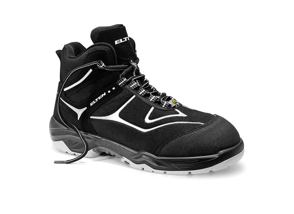 Ein schwarzer und weißer Sicherheitsstiefel mit hoher Knöchelunterstützung, ausgestattet mit einer strukturierten Sohle und Branding auf der Zunge und Seite.