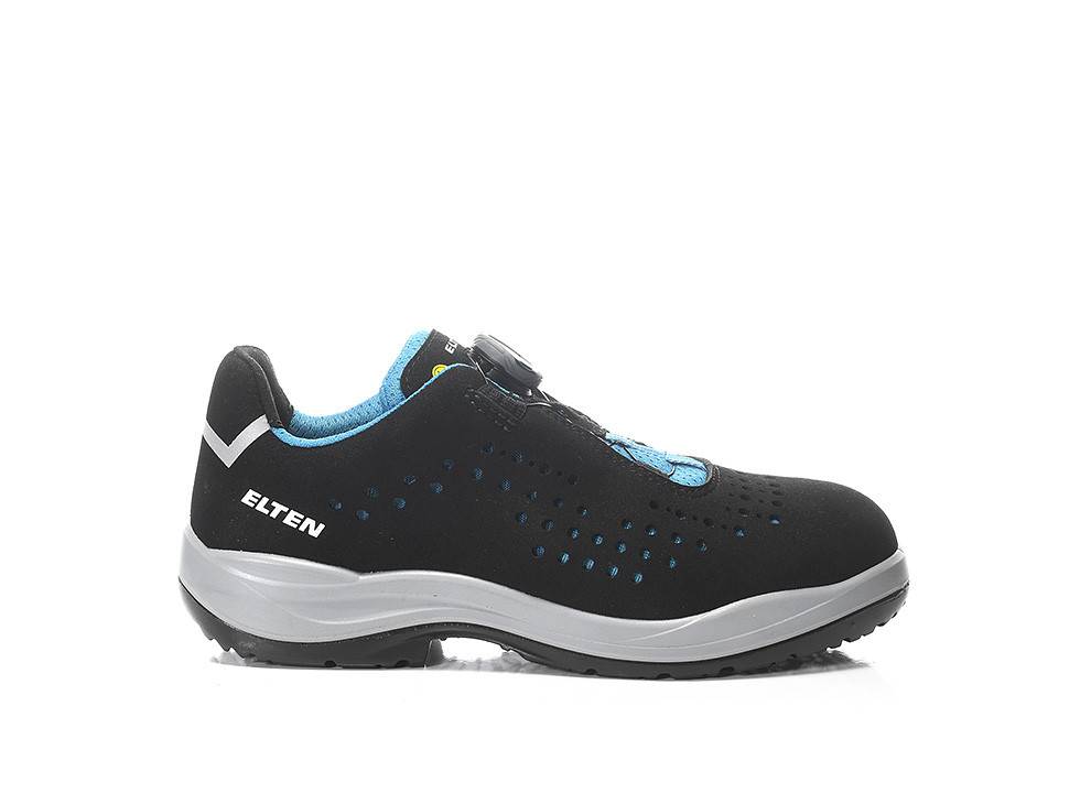 Schwarzer und blauer Sportschuh der Marke 'ELTEN' an der Seite, mit weißer Sohle und gelochtem Design für Atmungsaktivität.