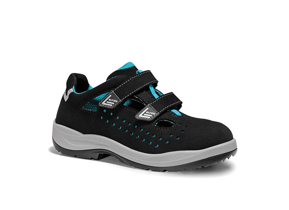 Ein schwarzer und türkisfarbener Sicherheitsschuh mit zwei verstellbaren Riemen, durchlöcherten Seiten für Atmungsaktivität und einer stabilen grauen Sohle, die für Arbeitsplatzsicherheit konzipiert ist.