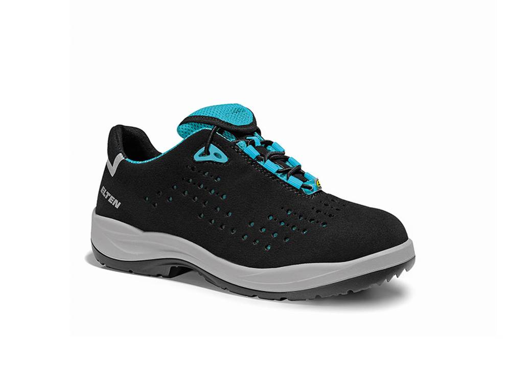 Schwarzer und türkisfarbener Sportschuh mit Perforationen für Atmungsaktivität und einer weißen Sohle, designed für Komfort und lässigen Tragekomfort.