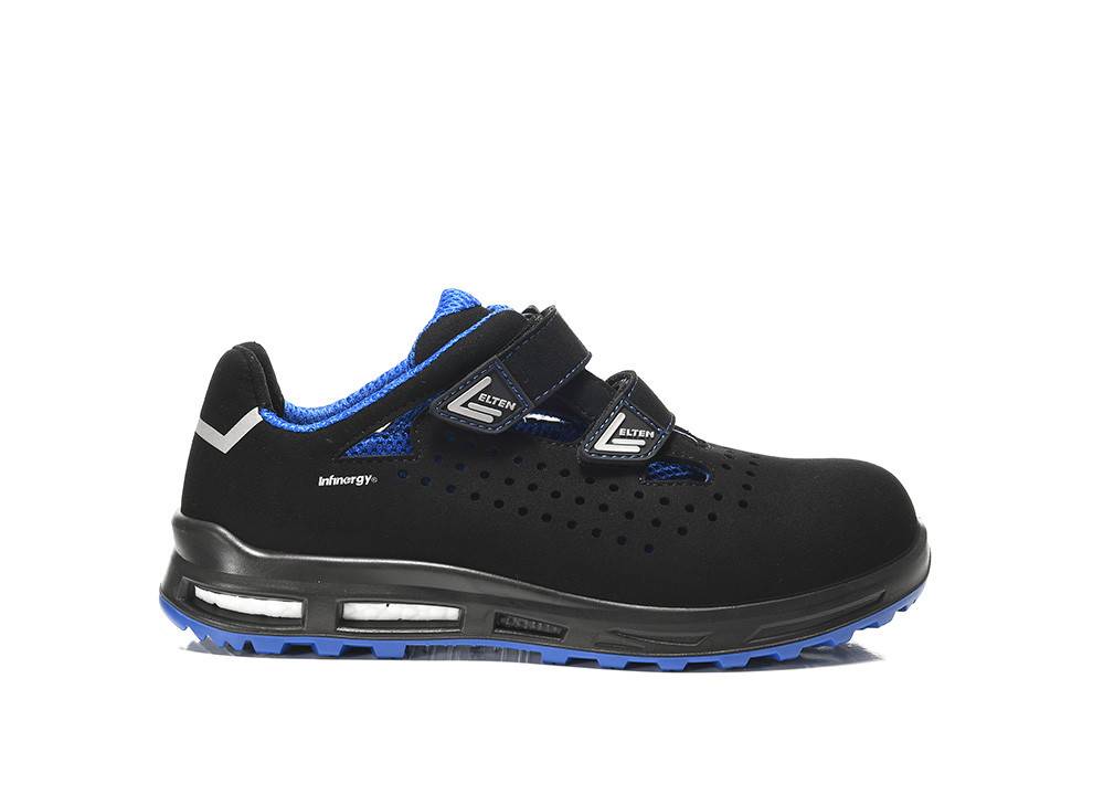 Ein schwarzer und blauer Sportschuh mit Klettverschlüssen und gedämpfter Sohle, entwickelt für Komfort und Haltbarkeit.