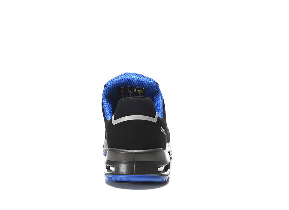 Eine Rückansicht eines schwarzen Laufschuhs mit blauen Akzenten und einer gedämpften Sohle, die Komfort und Designmerkmale hervorhebt.