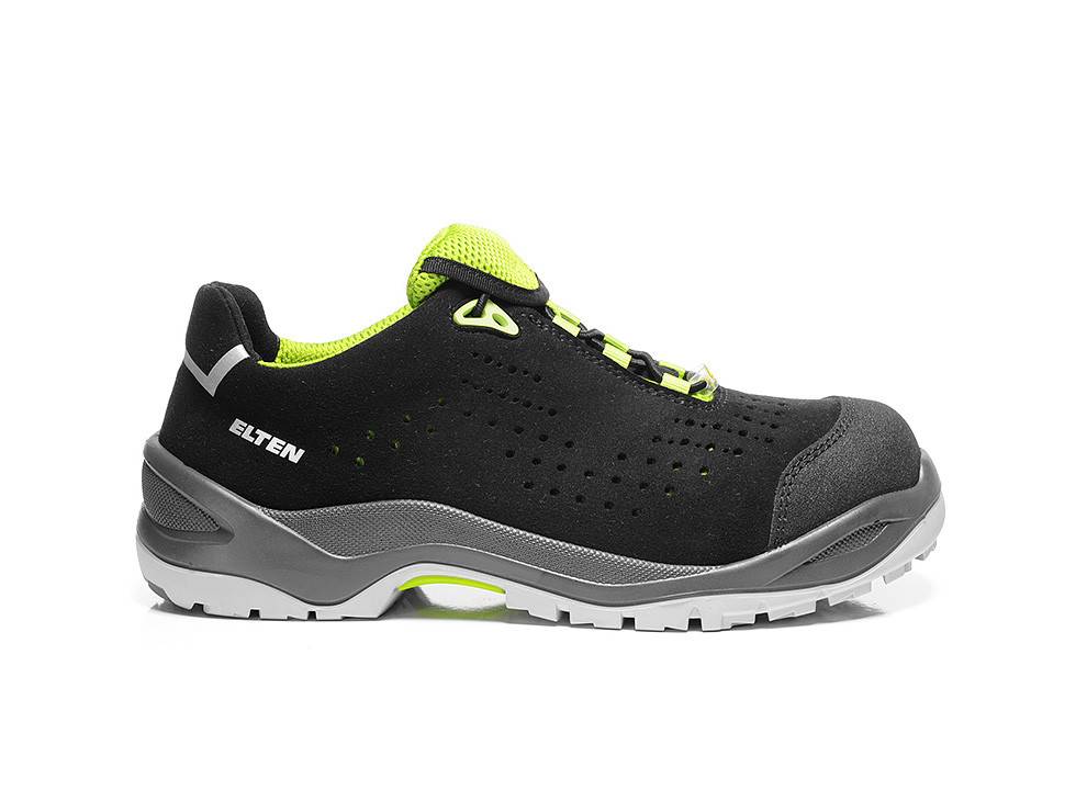 Ein schwarzer und grauer Sportschuh mit hellgrünen Akzenten und 'Elten' Branding an der Seite, ausgestattet mit einer robusten Sohle und atmungsaktivem Design.