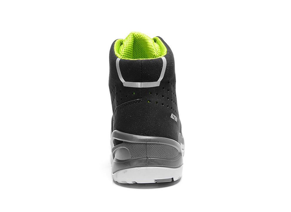 Ein schwarzer und neongrüner Sneaker, von hinten betrachtet, mit einem High-Top-Design und einer dicken weißen Sohle.