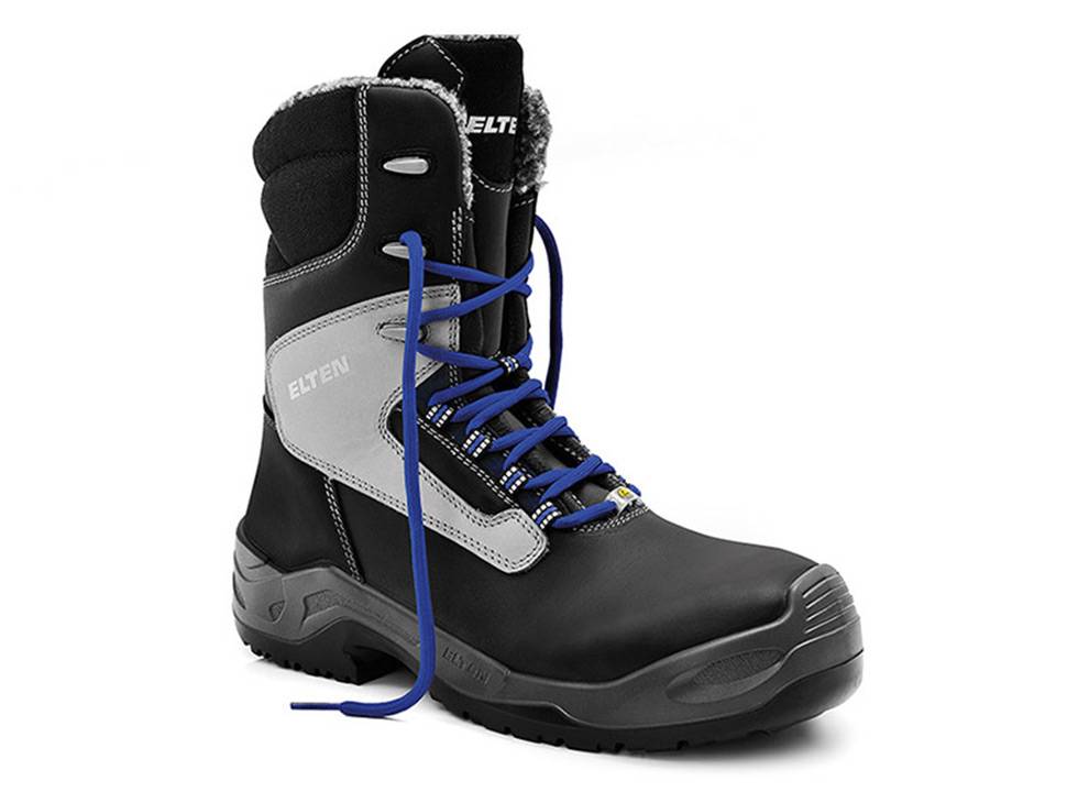 Ein robuster schwarzer und grauer Arbeitsschuh mit blauen Schnürsenkeln, ausgestattet mit verstärktem Zehenbereich und Knöchelunterstützung, entwickelt für industrielle Einsätze.