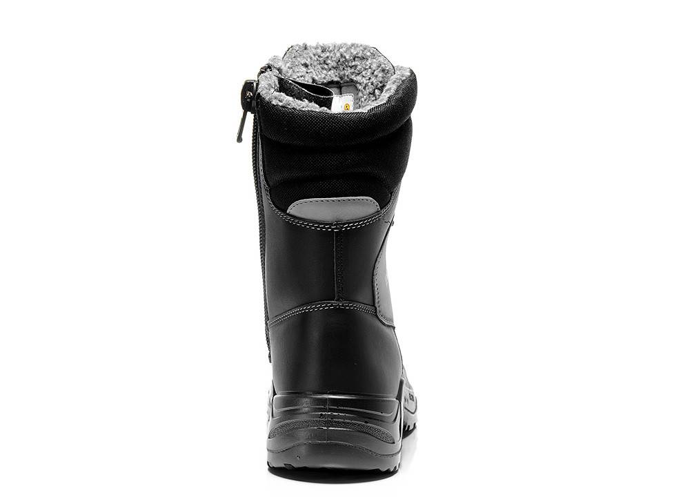 Ein einzelner schwarzer Stiefel mit einem Reißverschluss an der Seite und einem flauschigen grauen Innenfutter, von hinten betrachtet.