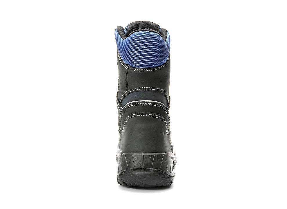 Ein schwarzer und blauer Wanderschuh, von hinten gezeigt, mit robuster Sohle und Knöchelstütze, der offensichtlich für Outdoor-Aktivitäten konzipiert ist.