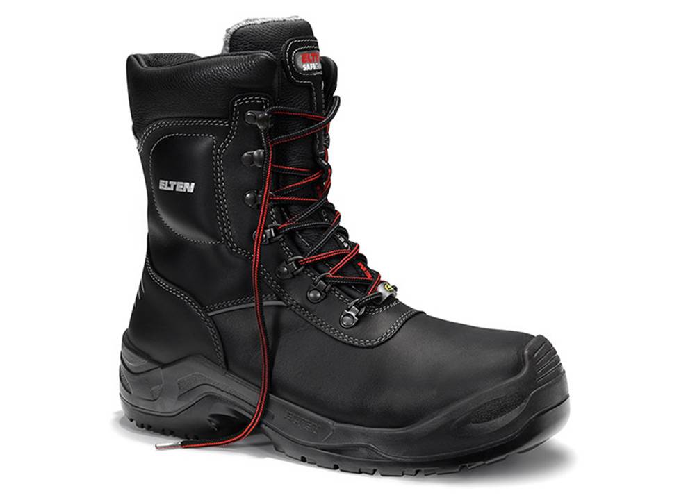 Schwarzer Sicherheitsstiefel aus Leder mit roten Schnürsenkeln, ausgestattet mit Stahlkappe und rutschfester Sohle, vor einem weißen Hintergrund.
