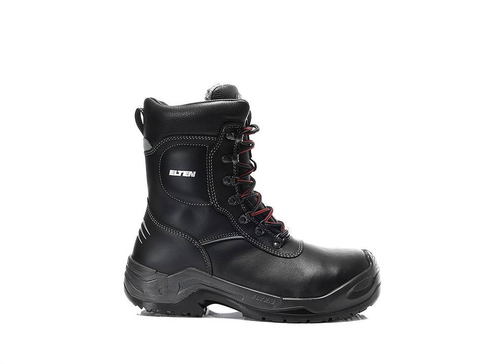 Schwarzer Sicherheitsstiefel aus Leder mit roten und schwarzen Schnürsenkeln, ausgestattet mit einer verstärkten Sohle und dem Markennamen an der Seite.