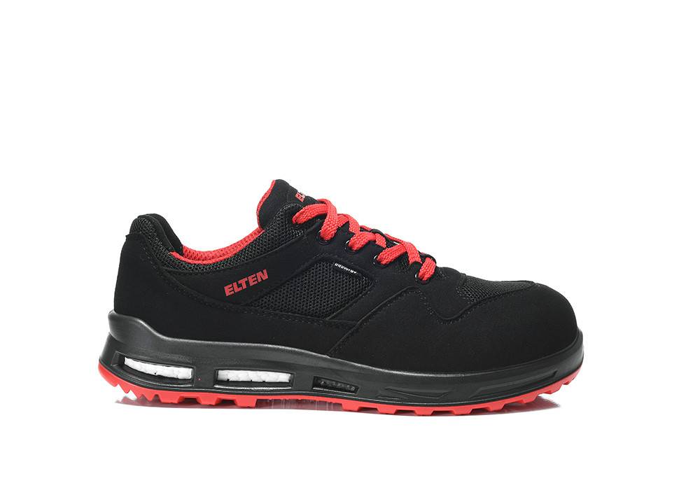 Ein schwarzer und roter Sportschuh mit einem Logo an der Seite und sichtbarer Dämpfung in der Sohle, entwickelt für Komfort und Unterstützung.