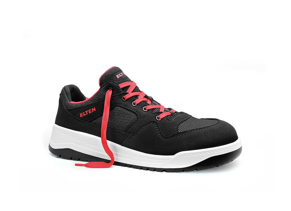 Ein schwarzer Sneaker mit roten Schnürsenkeln und weißer Sohle, auf dessen Seite und Zunge der Markenname 'ELTEN' in Rot aufgedruckt ist.