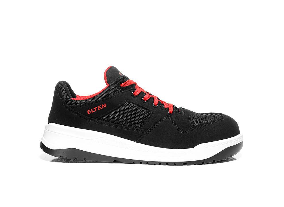 Ein schwarzer Sportschuh mit roten Schnürsenkeln und Akzenten, mit der Marke 'Elten', verfügt über eine weiße Sohle. Das Design wirkt sportlich und leicht.