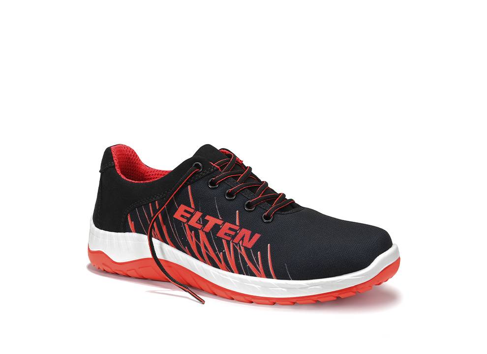 Ein Paar schwarze und rote Sportschuhe mit dem Markennamen 'Elten' an der Seite, mit roter Sohle und roten Schnürsenkeln, vor einem weißen Hintergrund.