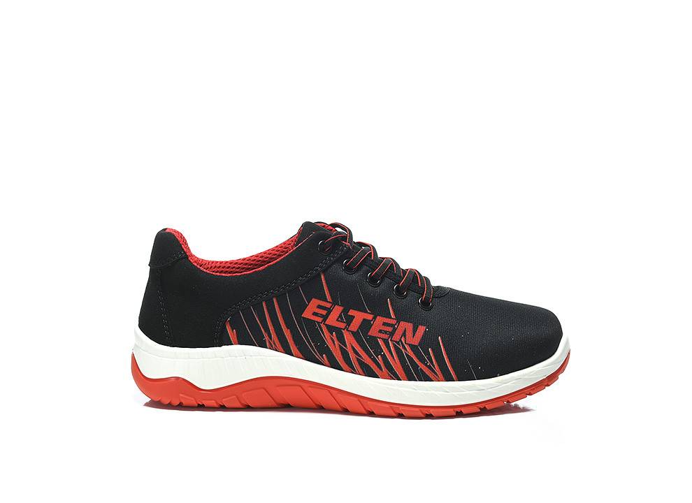 Ein schwarzer Sportschuh mit roten Akzenten und dem Wort 'ELTEN' an der Seite. Die Sohle ist weiß mit einer strukturierten roten Unterseite.