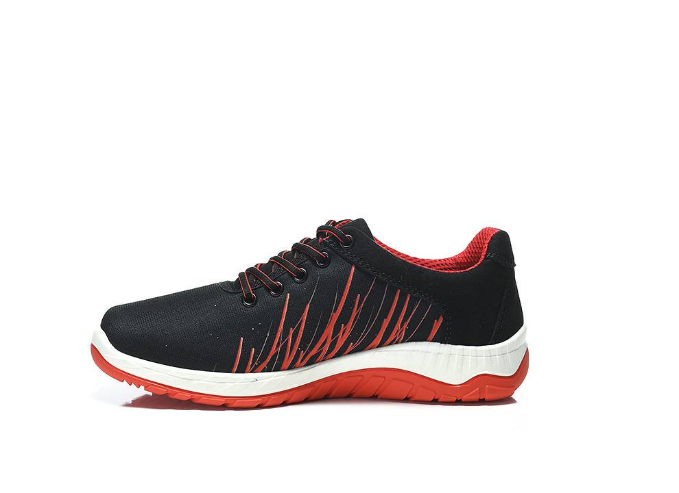 Schwarzer und roter Sportschuh mit einer weißen Sohle, der ein dynamisches rotes Muster an der Seite aufweist.