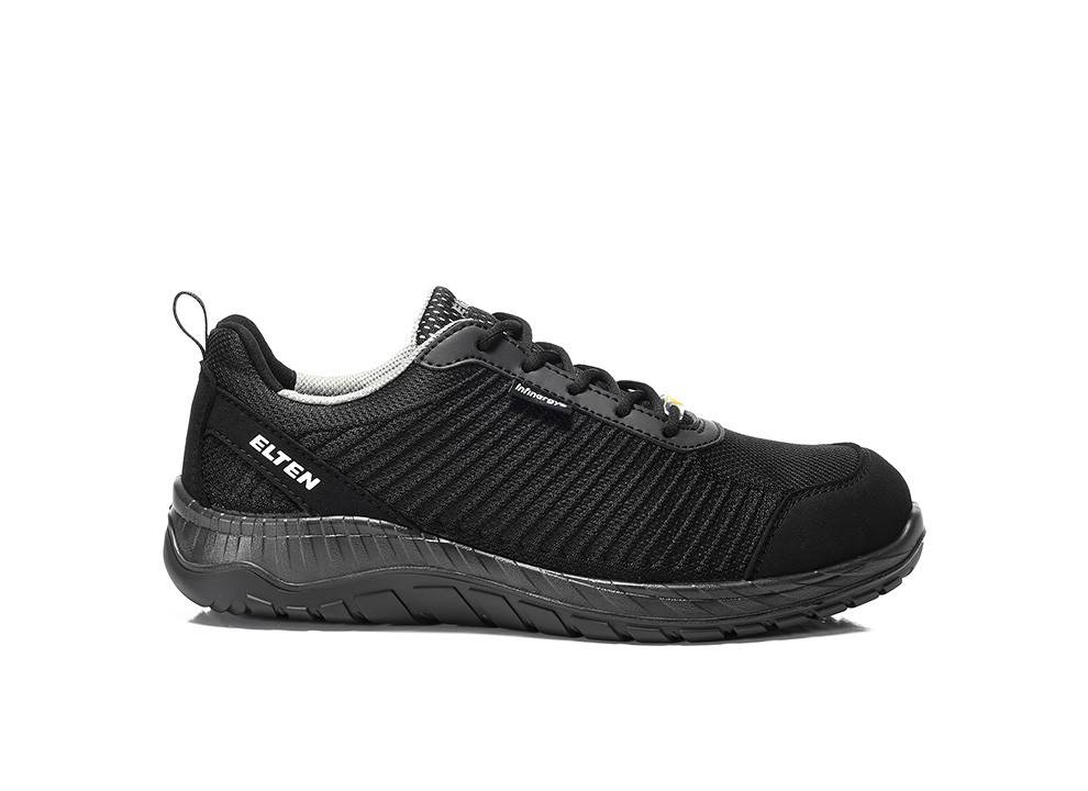 Ein schwarzer Sneaker mit einer strukturierten Sohle und ELTEN-Branding an der Seite, konzipiert für lässige oder sportliche Aktivitäten.
