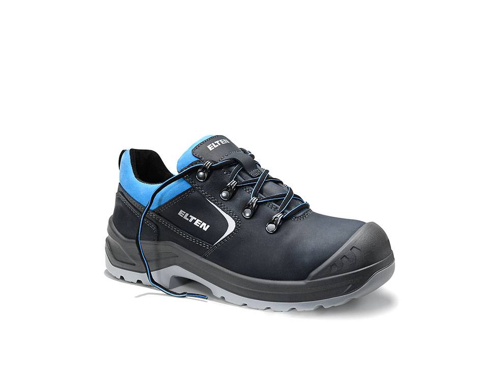 Ein schwarzer und blauer Schutzarbeitsschuh mit verstärkter Zehenpartie, robuster Sohle und dem Markennamen 'Elten' an der Seite, geeignet für industrielle Umgebungen.