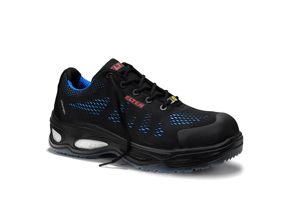 Schwarzer und blauer Sportschuh mit Belüftungsmesh, Schnürsenkeln und gedämpfter Sohle. Entwickelt für Komfort und Atmungsaktivität.