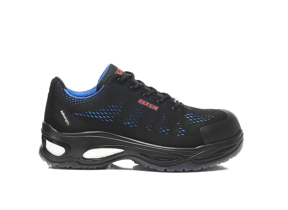 Ein schwarzer Sportschuh mit blauen Akzenten und 'Elten'-Branding an der Seite. Er verfügt über eine robuste Sohle, die für Komfort und Langlebigkeit entwickelt wurde.