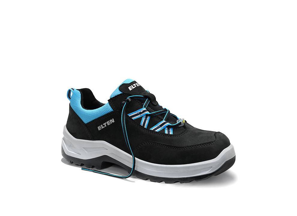 Ein schwarzer und blauer Sportschuh mit einer dicken weißen Sohle, versehen mit dekorativen blauen und schwarzen Schnürsenkeln, mit der Markenaufschrift 'ELTEN' an der Seite.