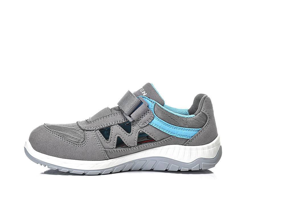 Ein einzelner grau-blauer Sneaker mit Klettverschlüssen, der eine weiße Sohle zur Erhöhung des Tragekomforts und für lässige Alltagsnutzung aufweist.