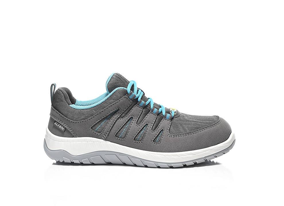 Grau und petrolblaue Sportschuhe mit einer weißen Sohle, entwickelt für Outdoor-Aktivitäten. Zeichnet sich durch eine robuste Konstruktion und ein stylishes Design aus.