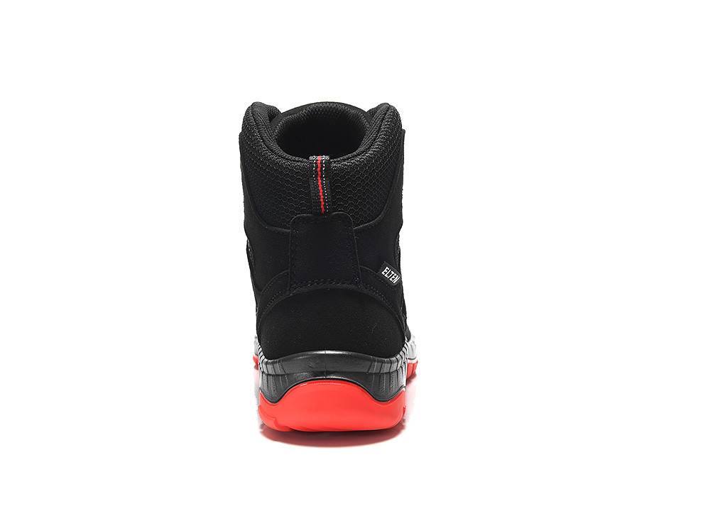 Roter Schuh mit schwarzem Schaftrand, Rückansicht, zeigt strukturiertes Obermaterial und Knöchelunterstützung.