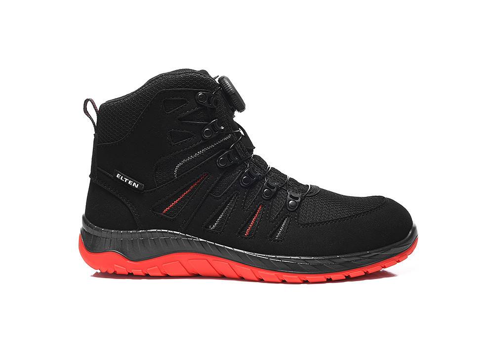 Ein schwarzer und roter Wanderschuh mit robuster Sohle und gepolstertem Knöchelbereich, mit der Markenbezeichnung 'Elten', konzipiert für Outdoor-Aktivitäten und Strapazierfähigkeit.