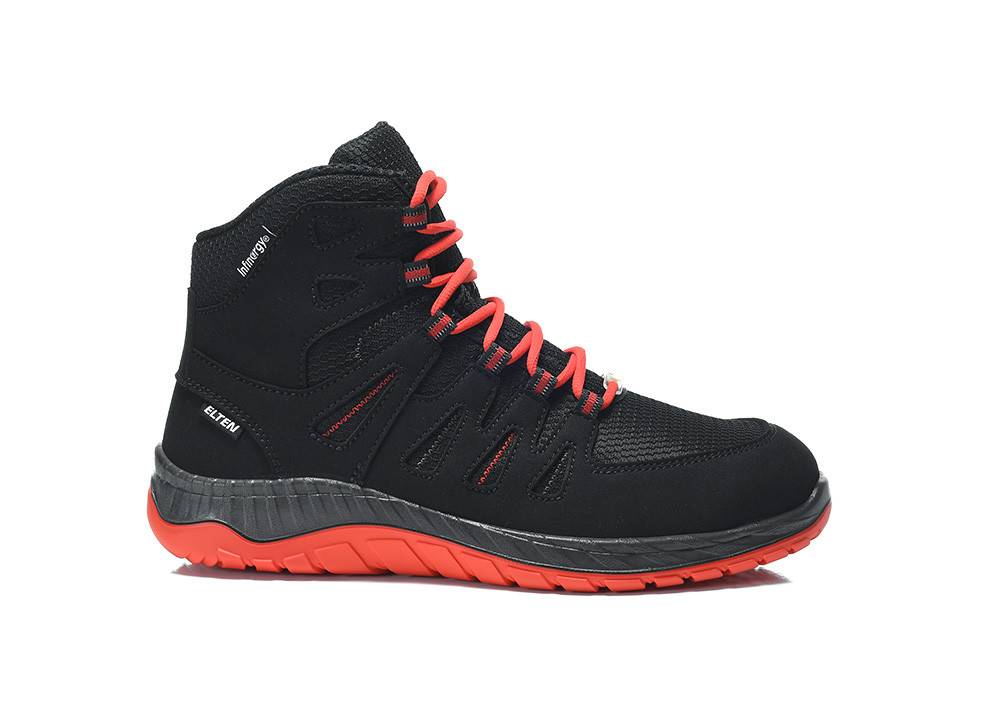 Ein schwarzer Wanderschuh mit roten Schnürsenkeln und roter Sohle, ausgestattet mit atmungsaktiven Netzeinsätzen und einem robusten Design für Outdoor-Aktivitäten.