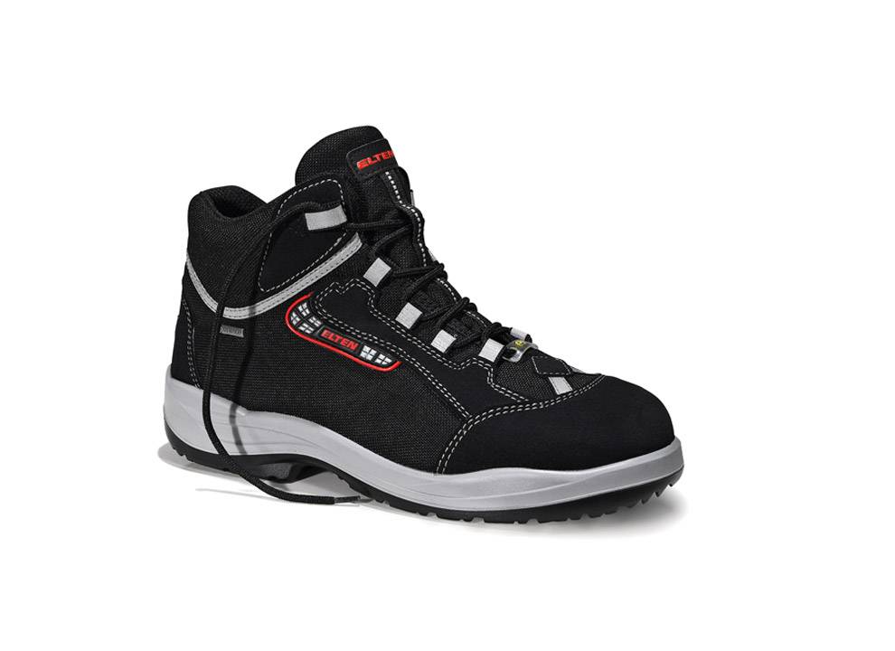 Ein schwarzer und grauer robuster Arbeitsschuh mit verstärkter Zehenpartie und Knöchelunterstützung, mit roten und weißen Akzenten und einer strapazierfähigen Sohle für Sicherheit.