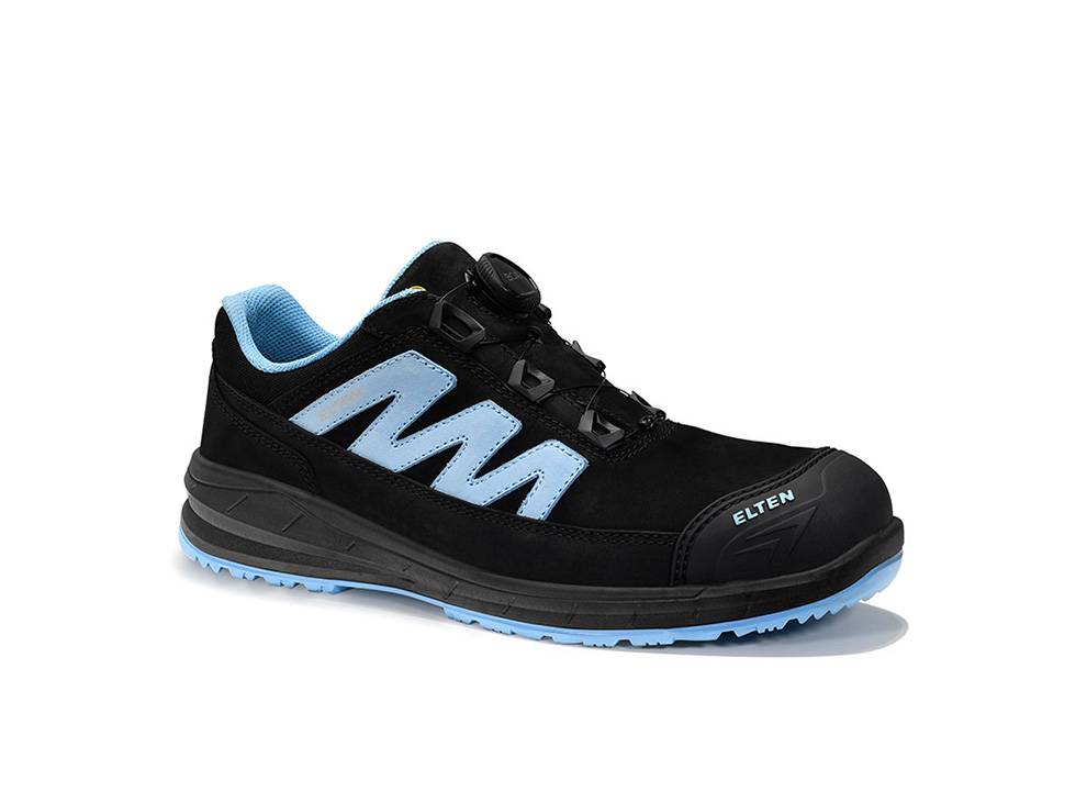 Schwarzer und blauer Sportschuh mit einer robusten Sohle und 'Elten'-Branding an der Zehenpartie, geeignet für Outdoor-Aktivitäten oder lockere Freizeitbekleidung.