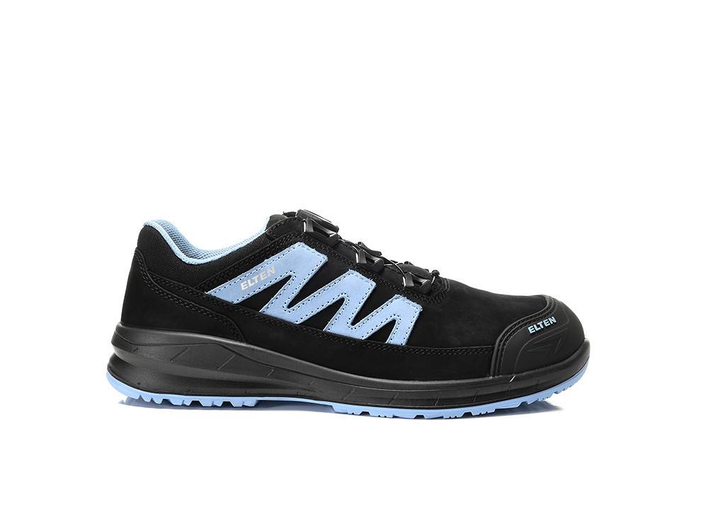 Ein schwarzer und blauer Turnschuh mit niedrigem Schaftschnitt, der ein Zickzack-Muster sowie den Markennamen 'Elten' an der Seite und auf der Sohle aufweist.