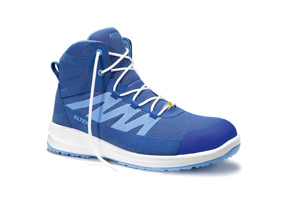 Ein blauer High-Top-Turnschuh mit weißen Schnürsenkeln und hellblauen Akzenten. Der Schuh verfügt über eine strukturierte Sohle und die 'ELTEN'-Markierung an der Seite.