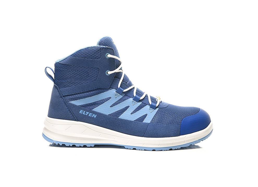 Ein blauer High-Top-Turnschuh mit weißen Schnürsenkeln und einer robusten Sohle, konzipiert für Outdoor- oder sportliche Aktivitäten.