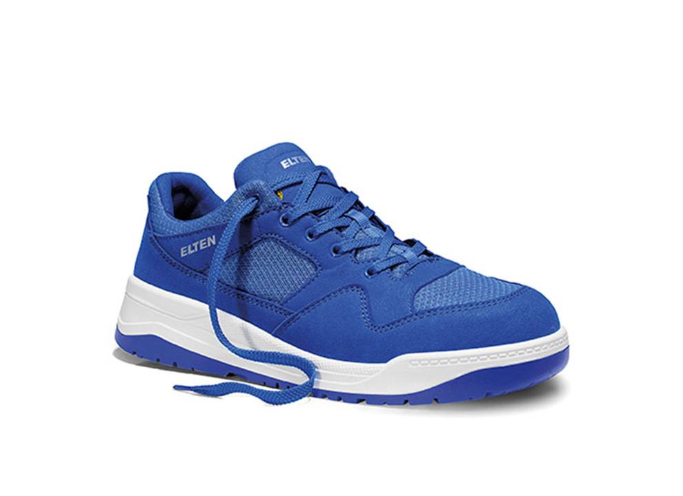 Blauer Sneaker mit weißer Sohle und dem Wort 'Elten' an der Seite, mit einer Mesh-Oberseite und sichtbaren Schnürsenkeln.