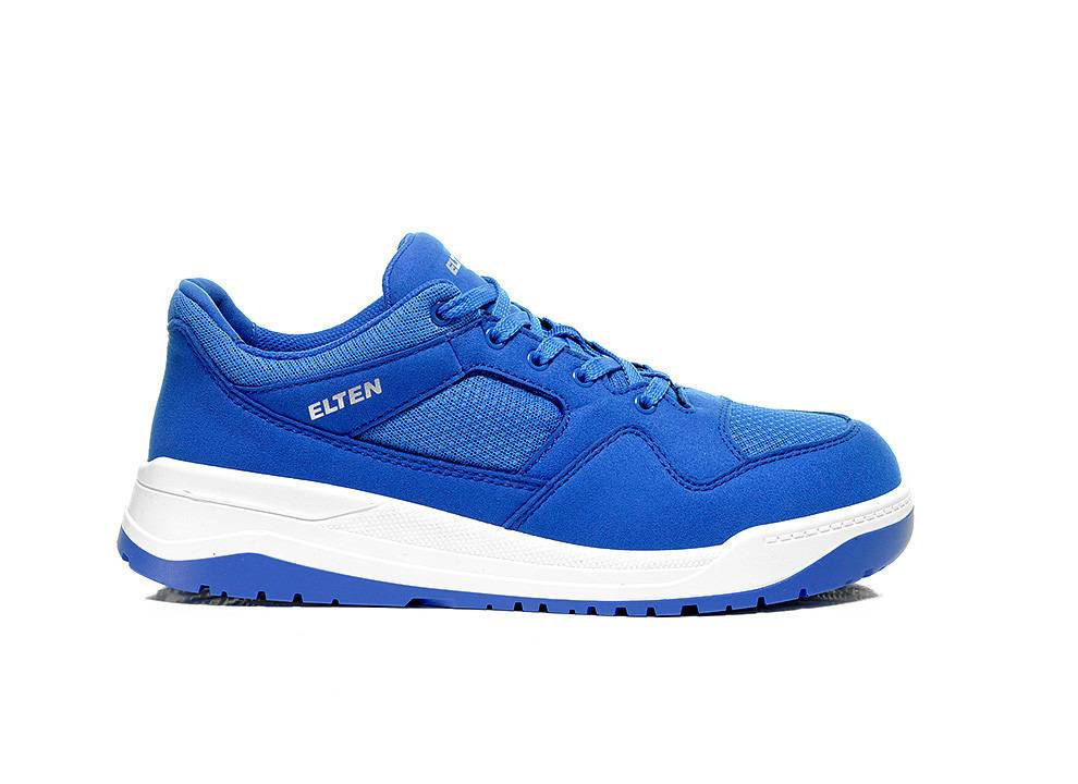 Ein blauer Sportschuh mit weißer Sohle, seitlich mit 'ELTEN' beschriftet, konzipiert für Komfort und Stil.